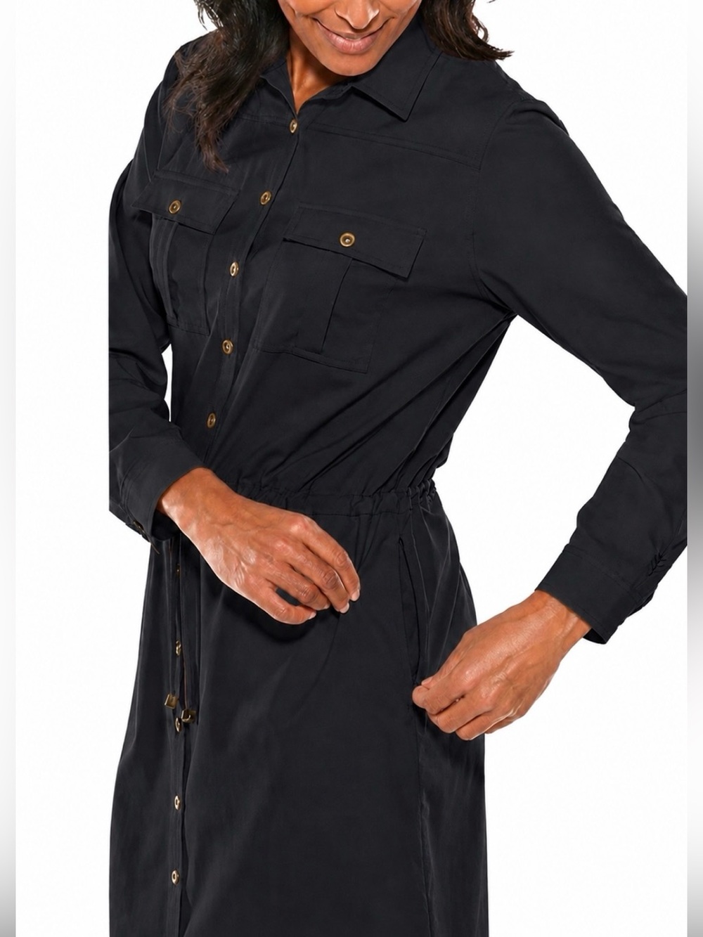 Coolibar Napa Travel Button Up Shirt Dress XL Black RollTab Sleeve UPF50 Classic - Picture 5 of 16